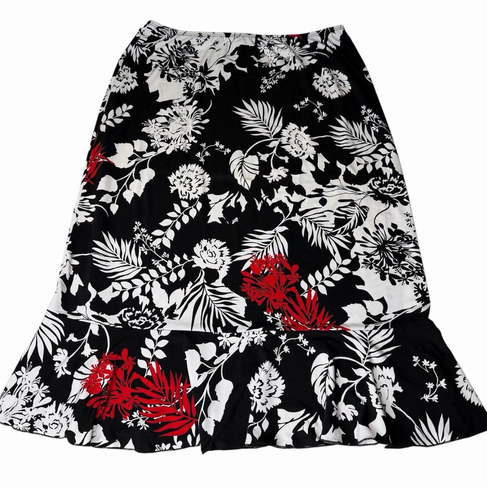 Believe Womens Large Y2K Black White Floral Midi Skirt Ruffle Hem Goth Coquette